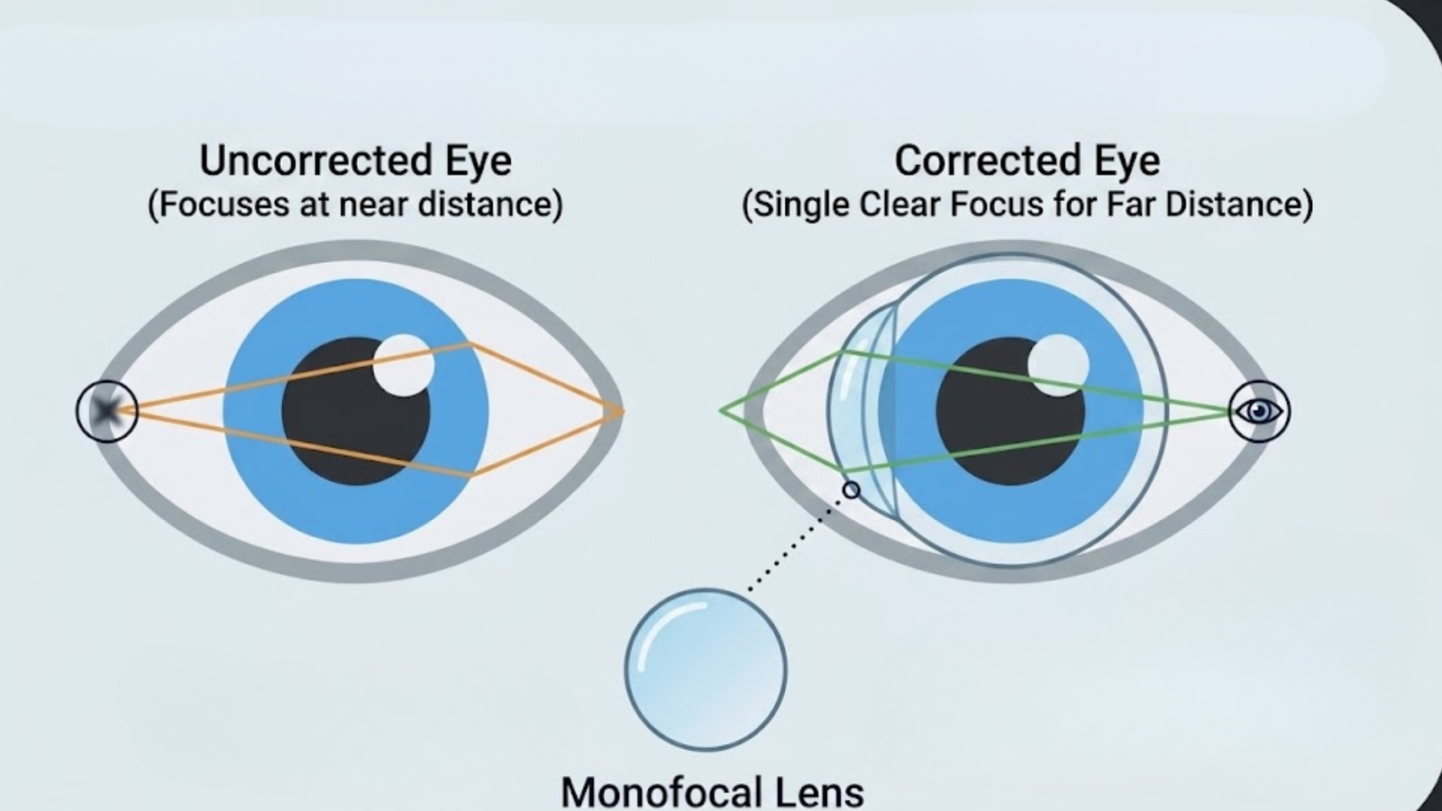 Diagram of a monofocal intraocular lens focusing light to a single distance point